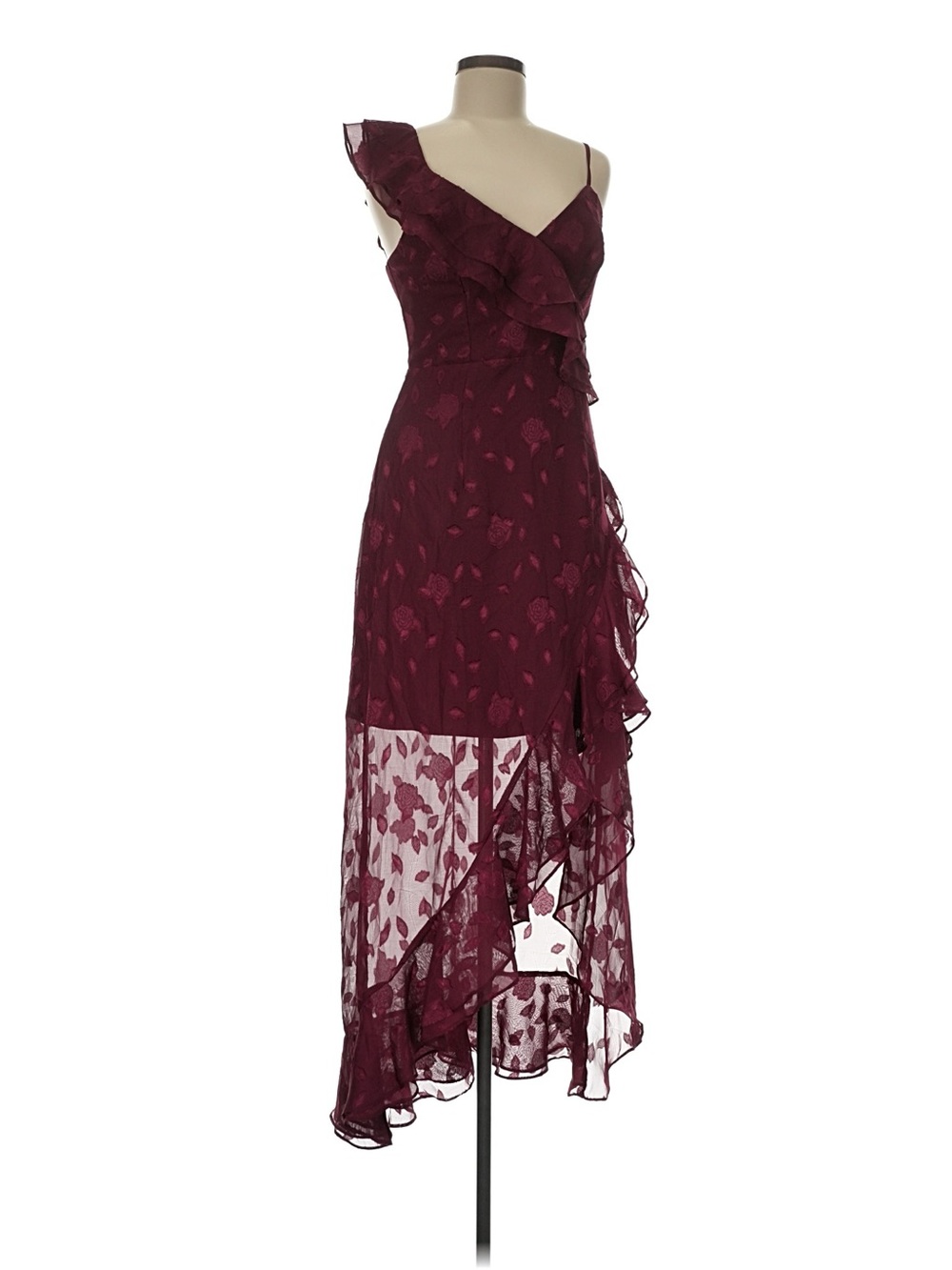 NWT Lulu's Medium Wine Burgundy Floral Ruffled Asymmetrical Dress